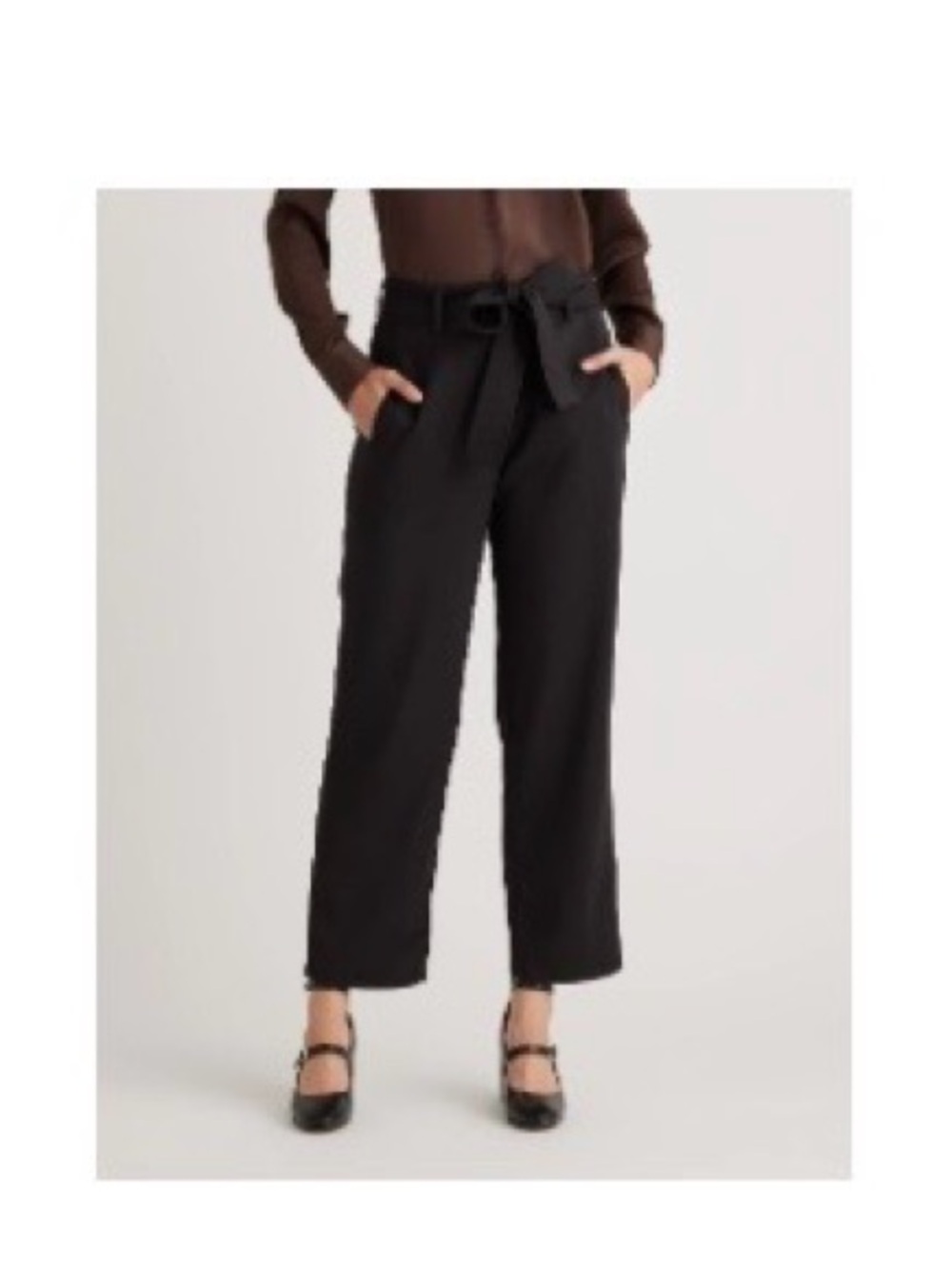 Quince Black High-Rise Wide-Leg Crepe Trousers with Self-Tie Belt